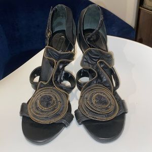 BCBG Max Azria Black Leather Zipper Flower Heels